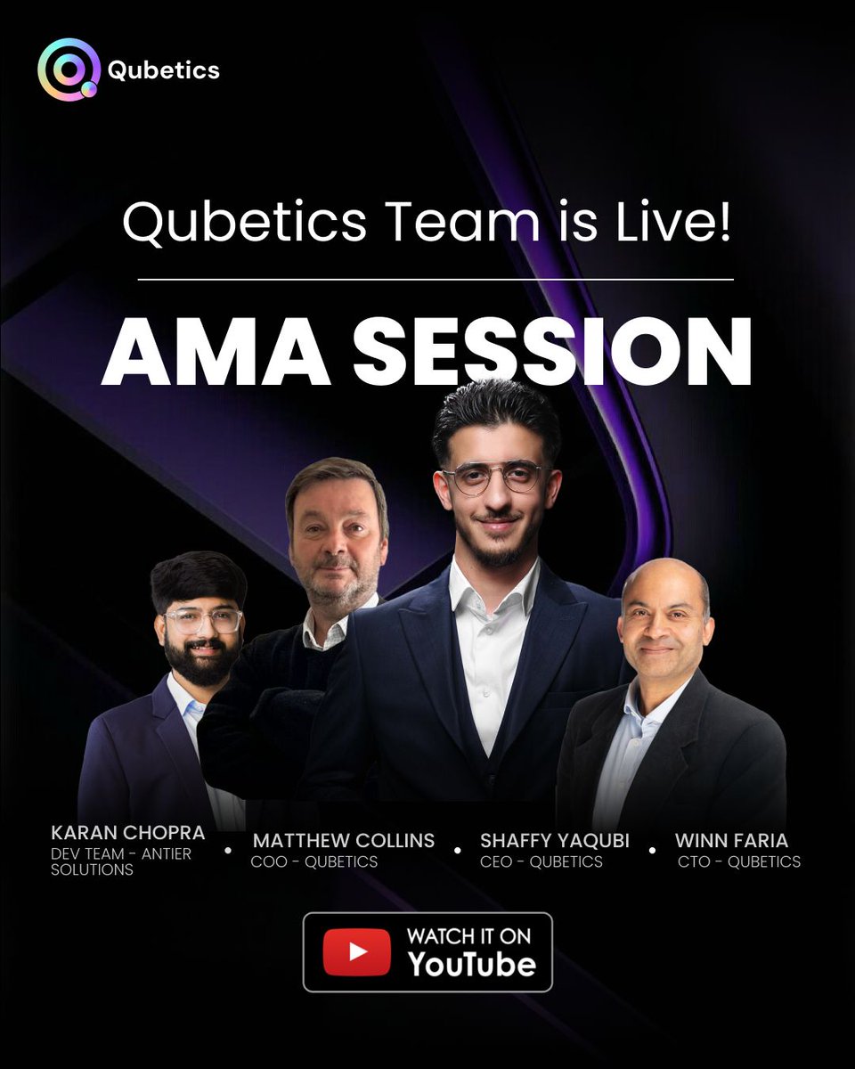 🚨 We’re Live on YouTube — Qubetics AMA #8 Starts Now!
Join us here 👉 youtube.com/live/U6obiJo4q… 

🎙️ Get direct insights from the Qubetics core team:
🔹 Shaffy Yaqubi – CEO
🔹 Matthew Collins – COO
🔹 Winn Faria – CTO
🔹 Karan Chopra – Dev Team Lead, Antier Solutions

💬 Bring