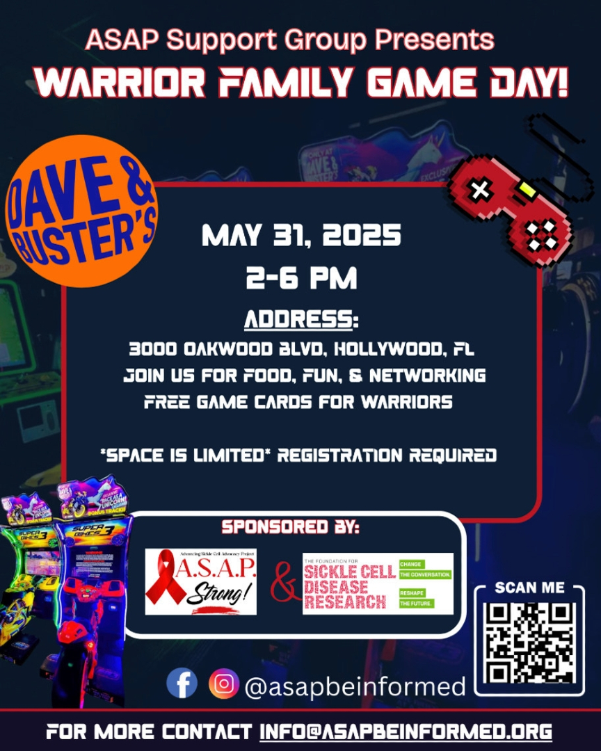 FSCDR Foundation for Sickle Cell Disease Research (@fundsicklecell) on Twitter photo Have you registered for Warrior Family Game Day @ Dave & Buster’s yet?
This Saturday we’re proud to support the amazing work of <a href="/asapbeinformed/">A.S.A.P. Be Informed</a>, and this weekend’s event is all about food, fun, and family.
Connect, play, and network with other warrior families. Don’t miss this Have you registered for Warrior Family Game Day @ Dave & Buster’s yet?
This Saturday we’re proud to support the amazing work of <a href="/asapbeinformed/">A.S.A.P. Be Informed</a>, and this weekend’s event is all about food, fun, and family.
Connect, play, and network with other warrior families. Don’t miss this