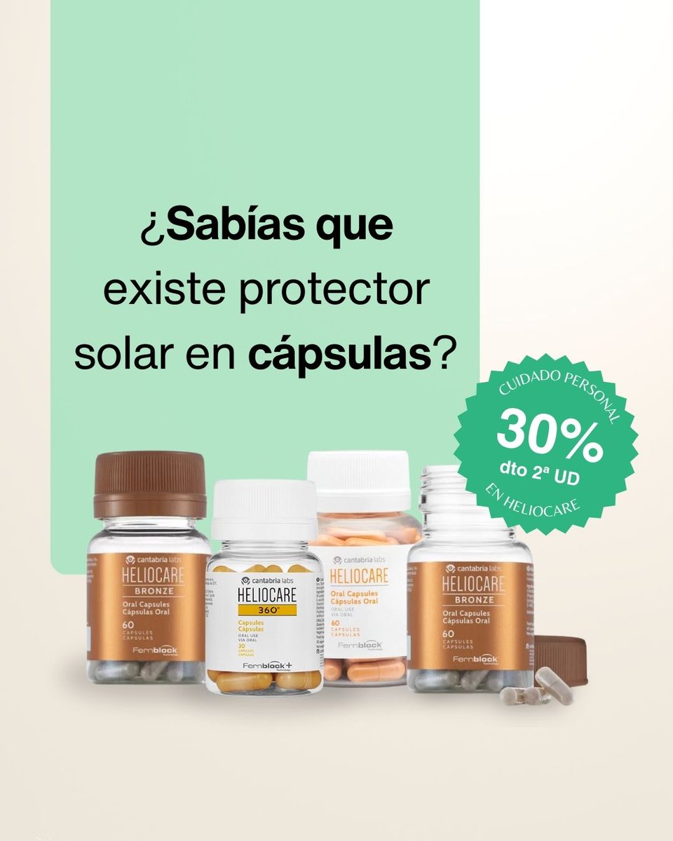 🌞 ¿Sabías que existe protector solar en cápsulas? No sustituye la crema solar, ayuda a reforzar la protección frente a los daños del sol y las manchas.
Es ideal para exposiciones prolongadas o pieles sensibles.

💊 ¡Un gesto más para protegerte mejor este verano!