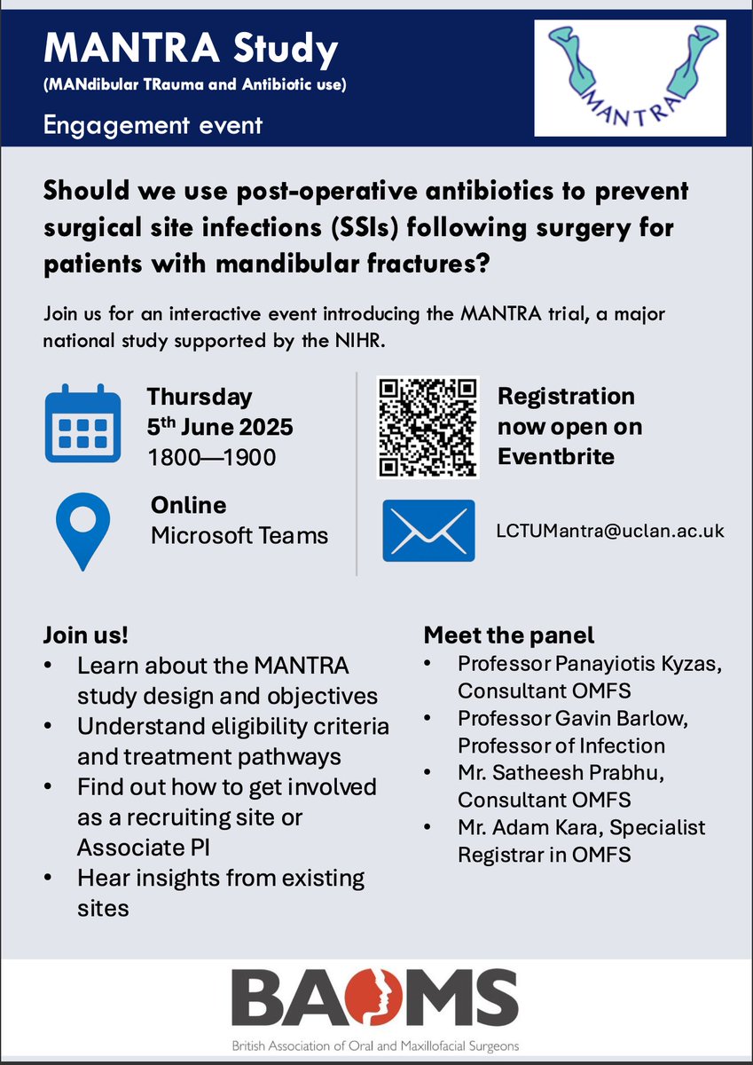 MANTRA team are very happy to provide an update on the MANTRA Trial . This webinar will give more details of the progress we have made so far in this multicentre randomised control trial.
The session is online and you can register using the link eventbrite.com/e/mantra-study…