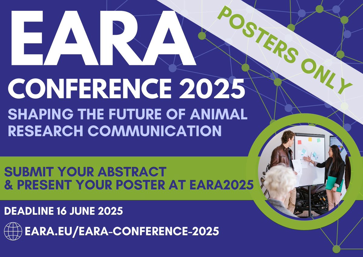 EARA (@the_eara) on Twitter photo Showcase your work at #EARA2025!
š§Ŗ Submit your poster abstract for Shaping the future of animal research communication ā Berlin, 6ā7 Nov.
š Poster deadline: 16 June
š Awards for best poster & oral communication
š¬ Submit in the form: wheldonevents.co.uk/online-registrā¦
š£ Notification Showcase your work at #EARA2025!
š§Ŗ Submit your poster abstract for Shaping the future of animal research communication ā Berlin, 6ā7 Nov.
š Poster deadline: 16 June
š Awards for best poster & oral communication
š¬ Submit in the form: wheldonevents.co.uk/online-registrā¦
š£ Notification