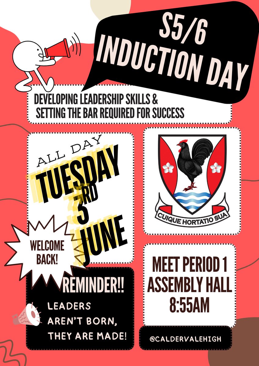 CaldervaleHigh's tweet image. We are excited to hold our Senior Induction Day for our S5/6 pupils next week. 

Pupils: Please see your group number &amp;amp; group schedule for the day displayed around the school. 

We have a lot of fun teamwork and leadership activities planned for you all! 
💥👫🤝👫💥