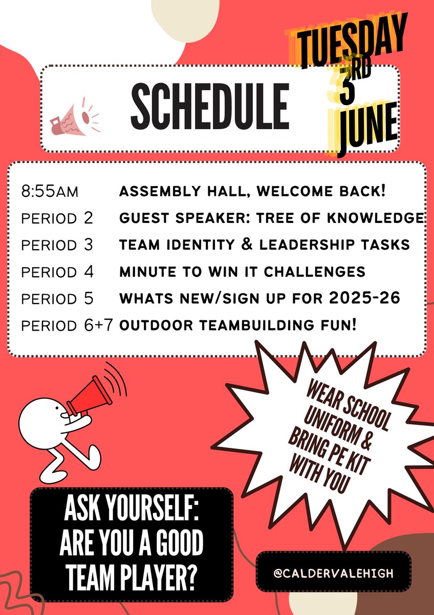 CaldervaleHigh's tweet image. We are excited to hold our Senior Induction Day for our S5/6 pupils next week. 

Pupils: Please see your group number &amp;amp; group schedule for the day displayed around the school. 

We have a lot of fun teamwork and leadership activities planned for you all! 
💥👫🤝👫💥