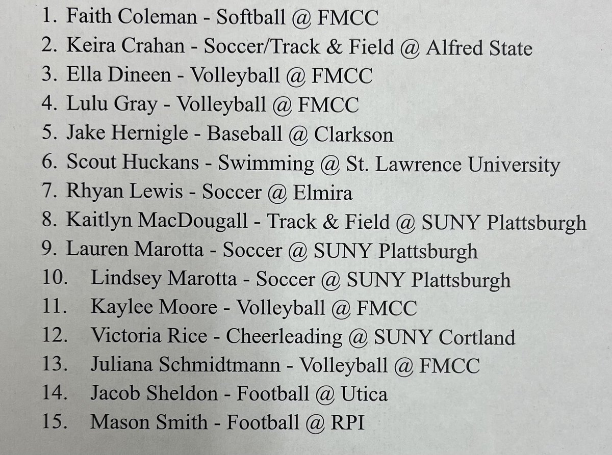 Congratulations to our senior student-athletes, all of whom will be participating in a sport next year in college!
