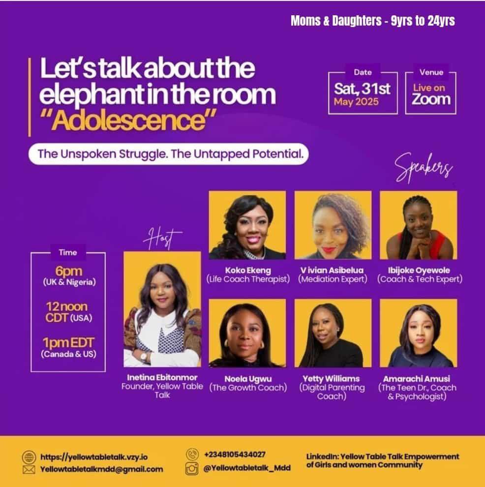 Event Pulse (@event_pulseng) on Twitter photo 4. Let’s Talk About the Elephant in the Room: Adolescence :
<a href="/Officialregha/">Ọlámidé Ọmọreghà 🇳🇬 🇨🇦</a> will sit down with parents, and anyone passionate about the next generation. Together, they'll unpack the complexities of identity, emotion, and growth during adolescence.
🔗 bit.ly/4kgOD36 4. Let’s Talk About the Elephant in the Room: Adolescence :
<a href="/Officialregha/">Ọlámidé Ọmọreghà 🇳🇬 🇨🇦</a> will sit down with parents, and anyone passionate about the next generation. Together, they'll unpack the complexities of identity, emotion, and growth during adolescence.
🔗 bit.ly/4kgOD36