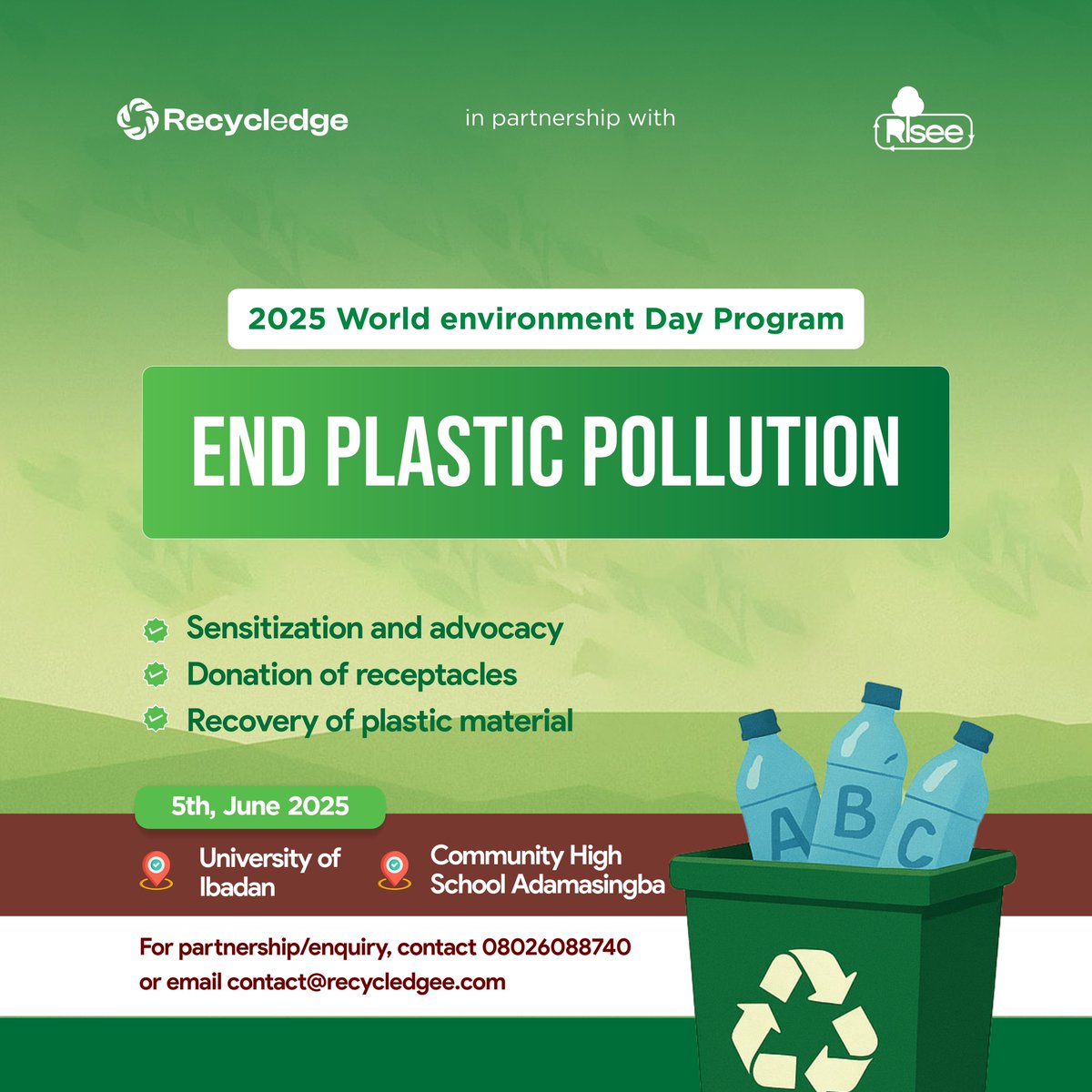 RECYCLEDGE (@recycledge) on Twitter photo This #WorldEnvironmentDay, Recycledge x RISEE are taking action to #EndPlasticPollution 🌍
📍 UI & Community High School, Adamasingba
📅 June 5, 2025
Be part of the change. Contact us: 📞 08026088740 | ✉️ contact@recycledgee.com
#WED2025 #RecycleResponsibly #GreenNigeria This #WorldEnvironmentDay, Recycledge x RISEE are taking action to #EndPlasticPollution 🌍
📍 UI & Community High School, Adamasingba
📅 June 5, 2025
Be part of the change. Contact us: 📞 08026088740 | ✉️ contact@recycledgee.com
#WED2025 #RecycleResponsibly #GreenNigeria