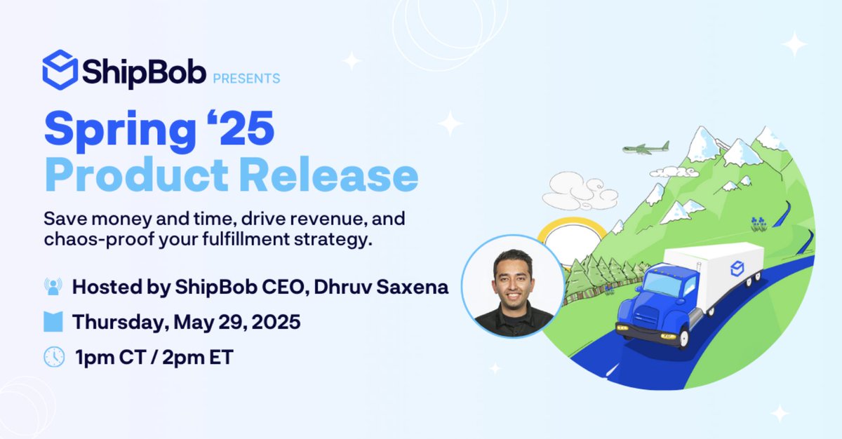 Tune into ShipBob's Spring '25 Release webinar today! 📅

Join our CEO, Dhruv Saxena, as he shares details about ShipBob Plus and our new zone skipping capabilities, dashboard + report enhancements &amp; more. 

It's not too late to register! 🎟️ hubs.la/Q03ptv6l0
