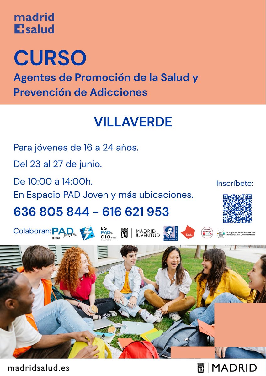 JMD Villaverde (@jmd_villaverde) on Twitter photo 📢Llega el Curso de Agentes de Salud y Prevención de Adicciones de <a href="/madridsalud/">Madrid Salud. Ayuntamiento de Madrid</a> a #Villaverde
👩16 a 24 años
🗓23 al 27 de junio
📱Escanea el QR ✍🏽 e ¡inscríbete!
Aprenderás sobre primeros auxilios, igualdad, salud mental, educación afectivo-sexual, prevención y ocio saludable 📢Llega el Curso de Agentes de Salud y Prevención de Adicciones de <a href="/madridsalud/">Madrid Salud. Ayuntamiento de Madrid</a> a #Villaverde
👩16 a 24 años
🗓23 al 27 de junio
📱Escanea el QR ✍🏽 e ¡inscríbete!
Aprenderás sobre primeros auxilios, igualdad, salud mental, educación afectivo-sexual, prevención y ocio saludable