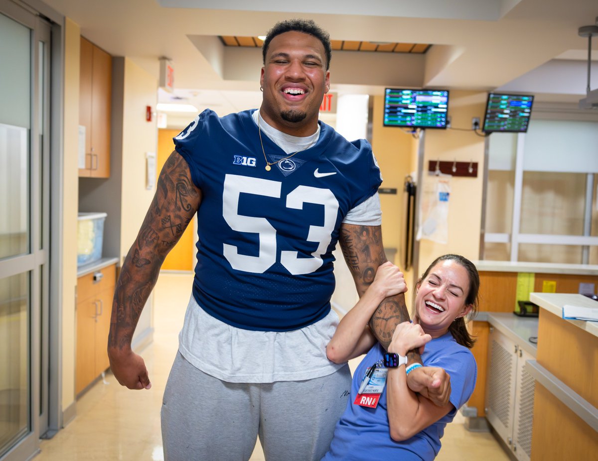 Jasonplotkin's tweet image. My favorite thing about the visits from @coachjfranklin  and the @PennStateFball team to our staff and patients at @PennStHershey Children&apos;s Hospital is that is means as much to the team as it does to us.