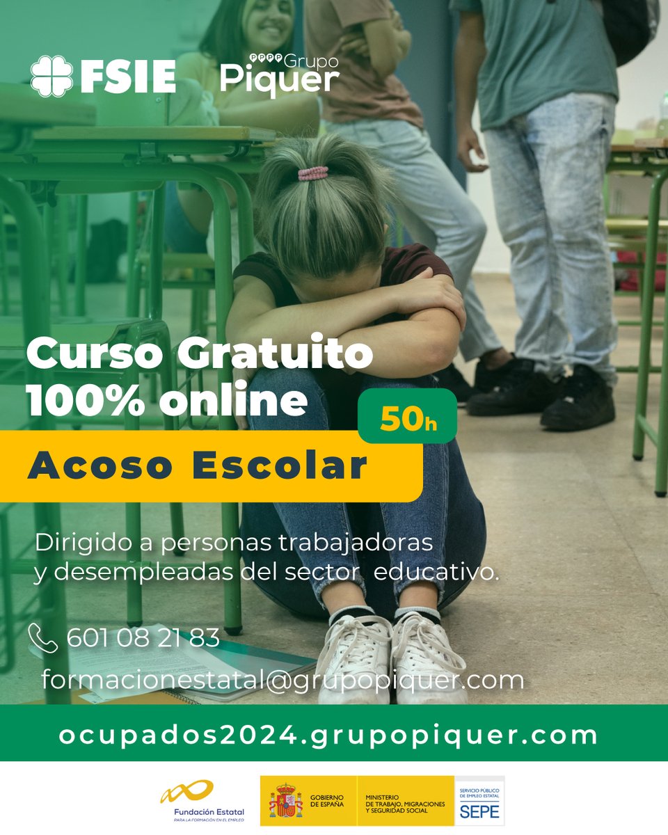 ✊❌ El curso Acoso Escolar de <a href="/GrupoPiquer/">¡Somos Piquer!</a> busca enseñar los conceptos, tipos y orígenes del acoso y la violencia escolar, incluyendo nuevas formas como el ciberbullying, para reconocer los indicadores y fases del acoso. Además, los asistentes aprenderán a identificar los