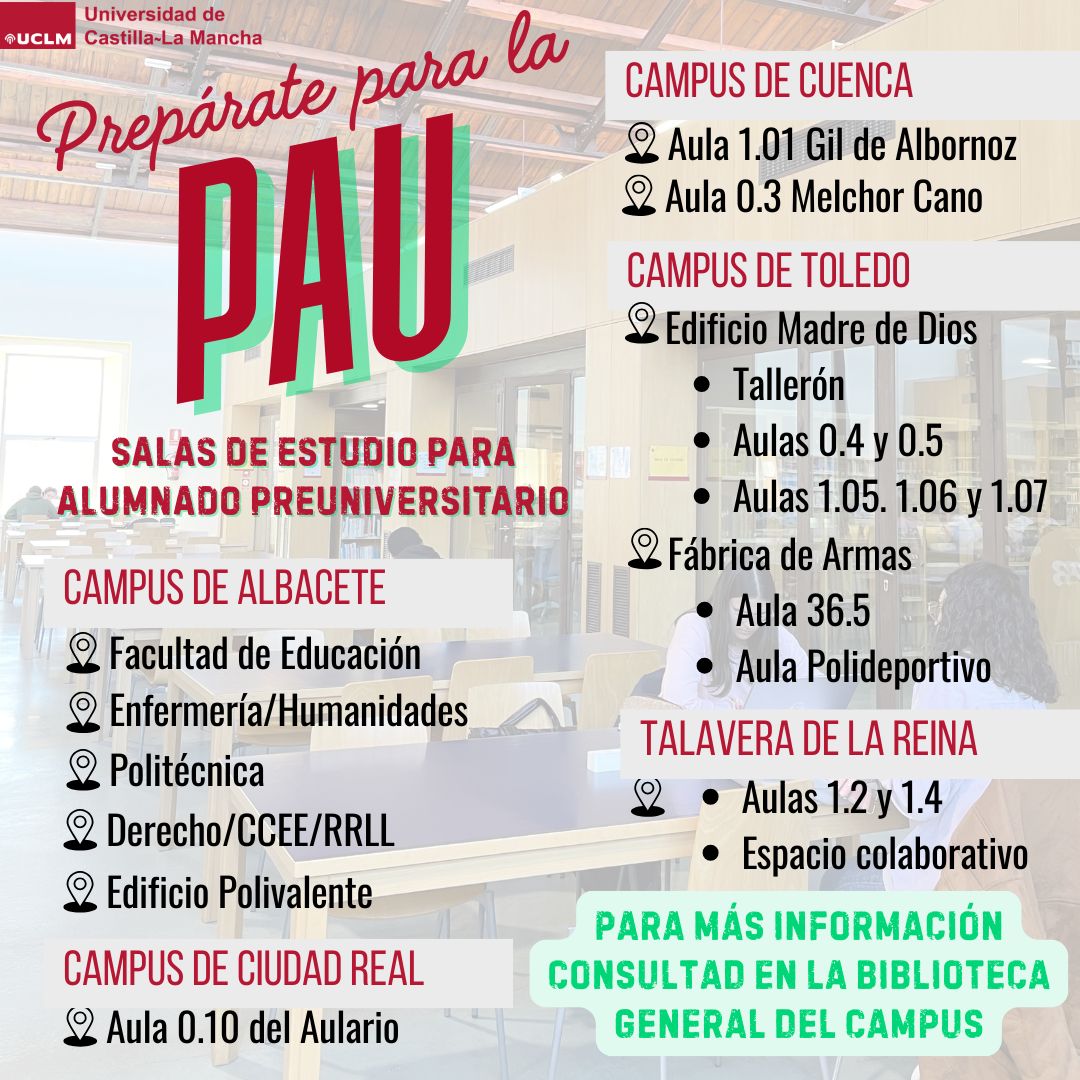 ¡¡¡Prepárate para la Prueba de Acceso a la Universidad en la UCLM!!!
La Universidad de Castilla-La Mancha pone espacios a disposición del estudiantado preuniversitario para estudiar la PAU en #Albacete, #CiudadReal, #Cuenca, #Toledo y #Talavera. 
#PAUCLM