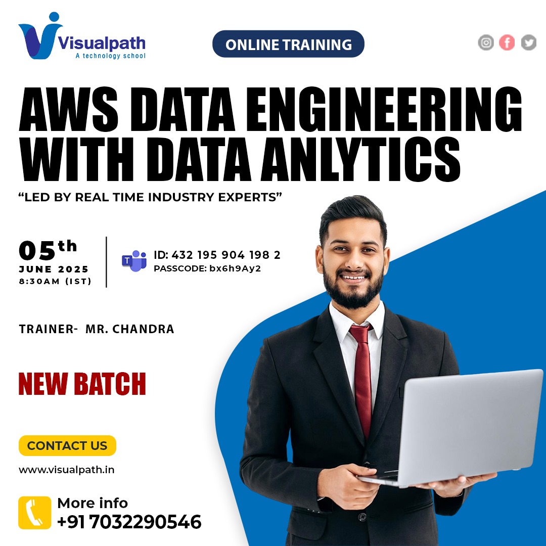 VisualpathPro's tweet image. Join link: bit.ly/43tN5Mt
Meeting ID: 432 195 904 198 2
Passcode: bx6h9Ay2
Attend Online #NewBatch On #AWS_Data_Engineering with Data_Analytics 
 Batch on: 5th June 2025 @ 8:30 AM (IST)
Call us: +919989971070
WhatsApp: wa.me/c/917032290546