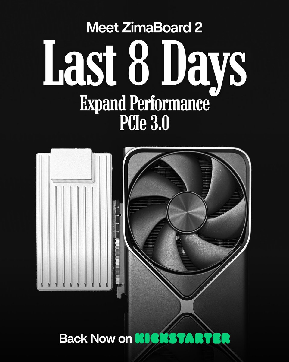 ZimaSpace's tweet image. ⏳ 8 Days Left!
ZimaBoard 2 with PCIe 3.0 — connect GPU, NVMe, or 10GbE in a palm-sized server.
👉 bit.ly/3S0eO1W

#ZimaBoard2 #PCIe3 #MiniServer #Kickstarter