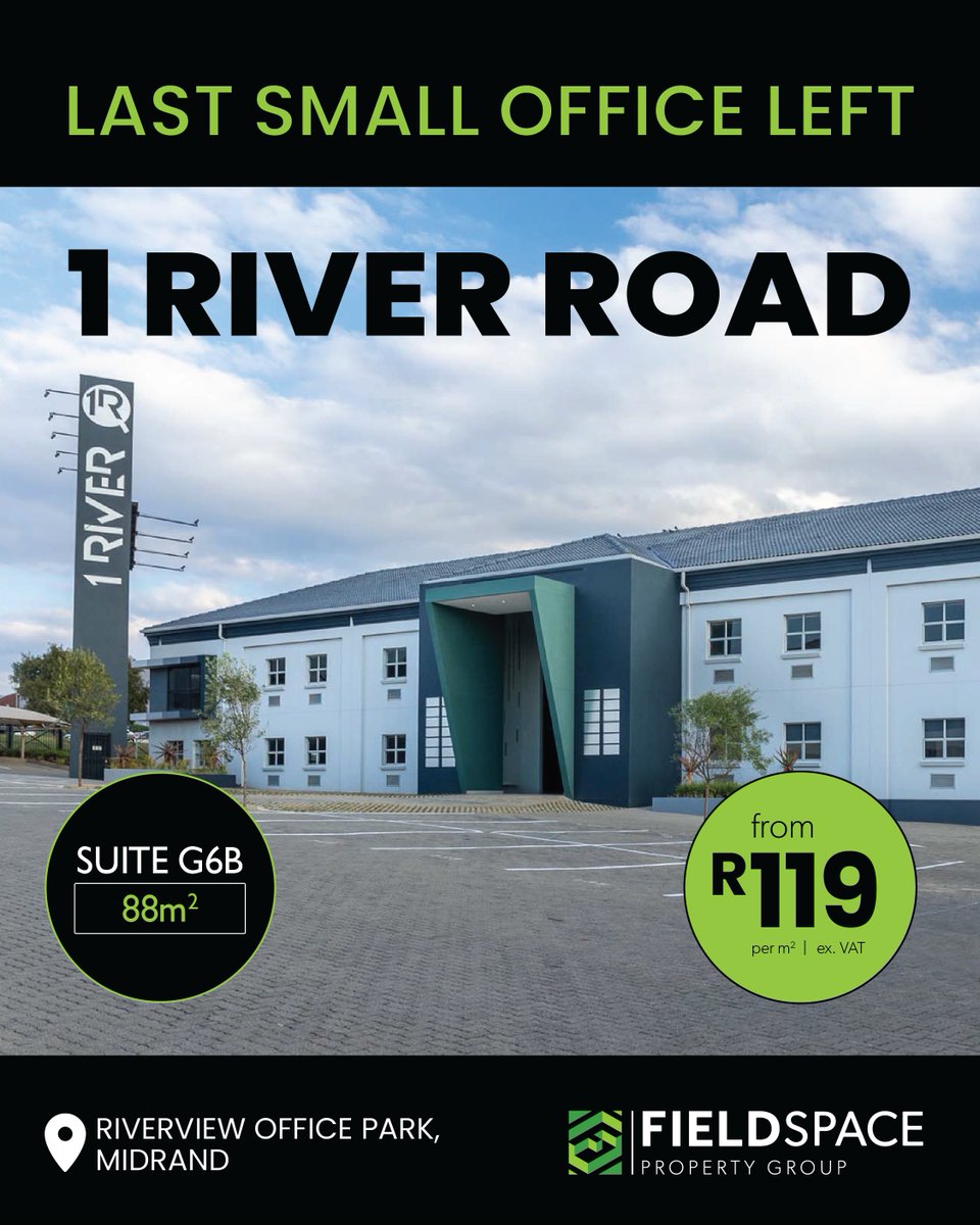FieldspaceProp's tweet image. Only one small suite is available at 1 River Road in Riverview Office Park, Midrand!
Submit your offer while it's still available!

➡ Suite G6B - 88sqm from R119/sqm
✅ Back-up power &amp;amp; water
✅ Fibre
✅ Security

#office #midrand #smalloffice #professionals