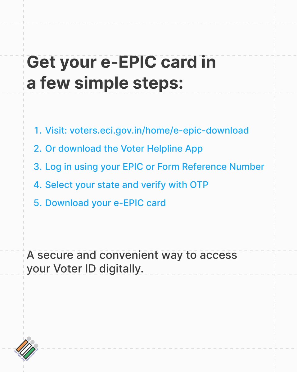 💳 Your Voter ID, now just a click away!

Download your e-EPIC card in minutes and stay election-ready.

🔗 Visit: voters.eci.gov.in/home/e-epic-do…

#eEPIC #VoterID #Elections2025 #ECI