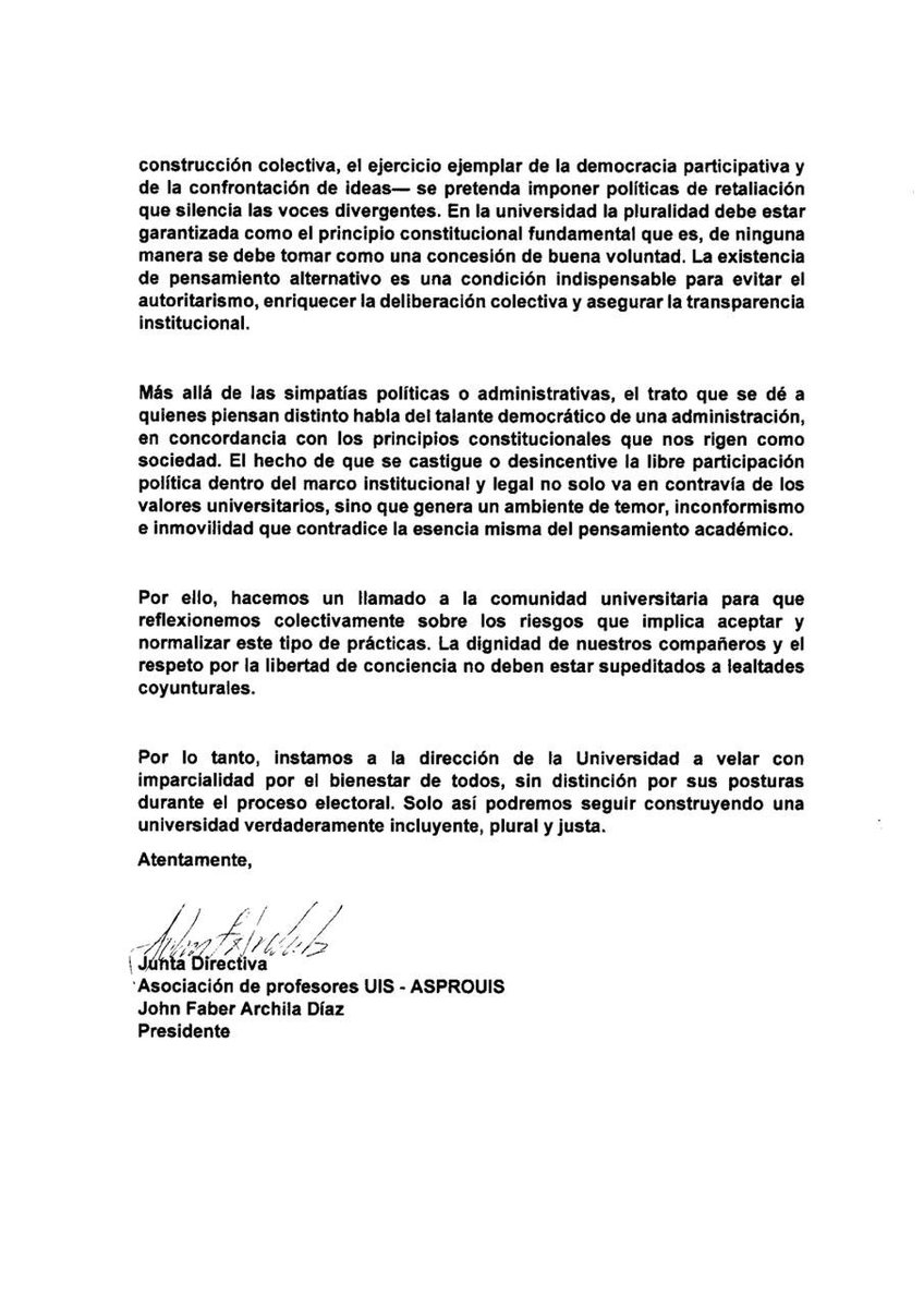 ๐๐ฆ๐๐ โ๐๐๐ ๐๐๐๐ ๐๐๏ธ (@juan_remolinac) on Twitter photo #ATENCIรN ๐จ| ยฟRetaliaciรณn postconsulta en la <a href="/UIS/">UIS</a>?
Luego de la Designaciรณn de <a href="/HernanPorrasD/">Hernรกn Porras Dรญaz</a> como rector 2025-2028, ha comenzado una presunta persecuciรณn en contra de quienes no apoyaron al rector reelegido. Asรญ lo afirma la <a href="/AsproUISoficial/">ASPROUIS</a> en este comunicado. .<a href="/revistaRAYA/">Revista RAYA</a> #ATENCIรN ๐จ| ยฟRetaliaciรณn postconsulta en la <a href="/UIS/">UIS</a>?
Luego de la Designaciรณn de <a href="/HernanPorrasD/">Hernรกn Porras Dรญaz</a> como rector 2025-2028, ha comenzado una presunta persecuciรณn en contra de quienes no apoyaron al rector reelegido. Asรญ lo afirma la <a href="/AsproUISoficial/">ASPROUIS</a> en este comunicado. .<a href="/revistaRAYA/">Revista RAYA</a>