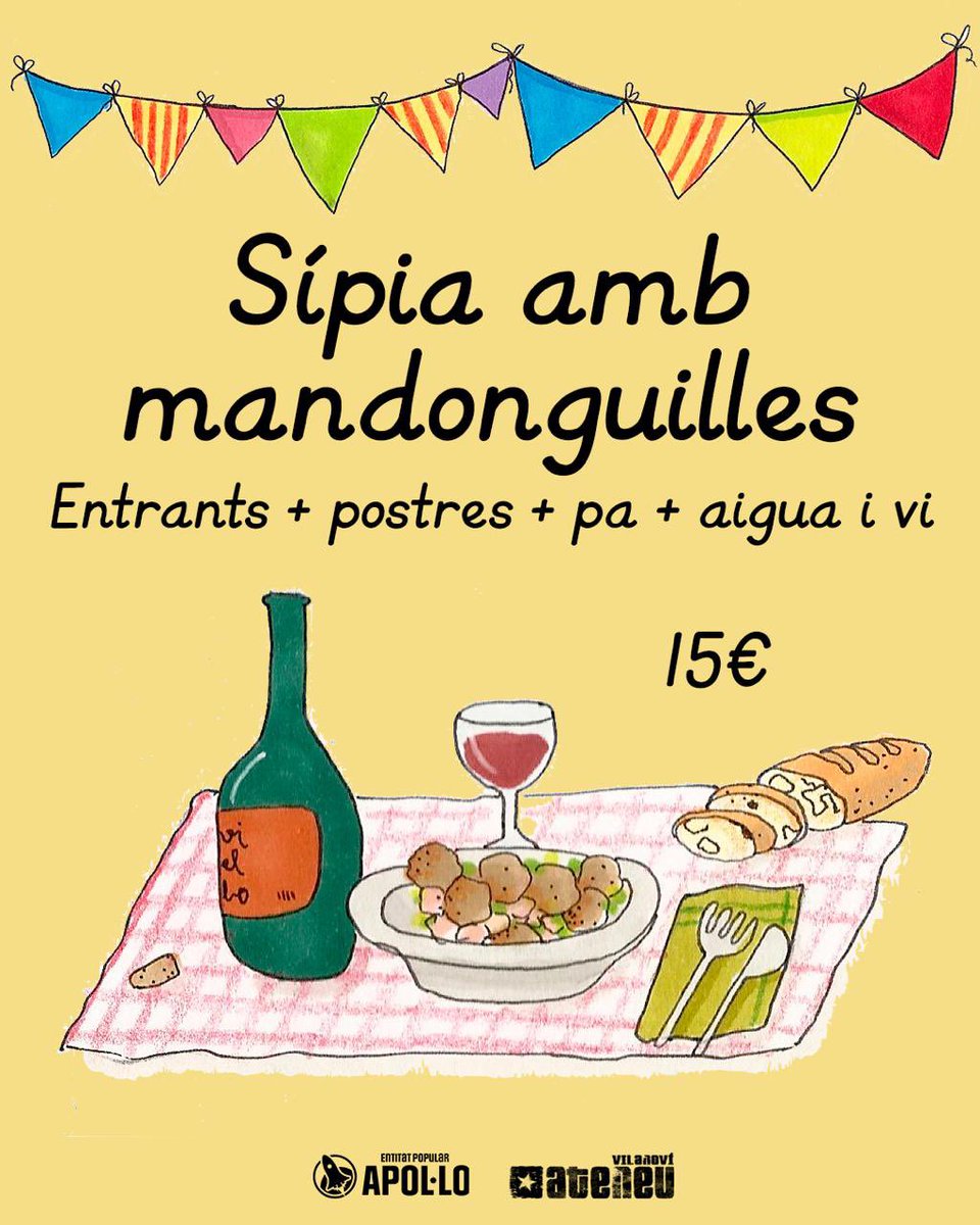 Apol·lo (@apollovng) on Twitter photo El 7 de juny sopem a la fresca amb un plat mar i muntanya: sípia amb mandonguilles, una recepta clàssica de la cuina catalana✨
👉 Amb el tiquet de 15 € tens:
🍽️ Entrants
🍷 Vi, 🥖 pa i 💧 aigua
🍛 Sípia amb mandonguilles
🎟️ Tiquets a la venda a l’<a href="/Ateneuvilanovi/">Ateneu vilanoví</a> El 7 de juny sopem a la fresca amb un plat mar i muntanya: sípia amb mandonguilles, una recepta clàssica de la cuina catalana✨
👉 Amb el tiquet de 15 € tens:
🍽️ Entrants
🍷 Vi, 🥖 pa i 💧 aigua
🍛 Sípia amb mandonguilles
🎟️ Tiquets a la venda a l’<a href="/Ateneuvilanovi/">Ateneu vilanoví</a>