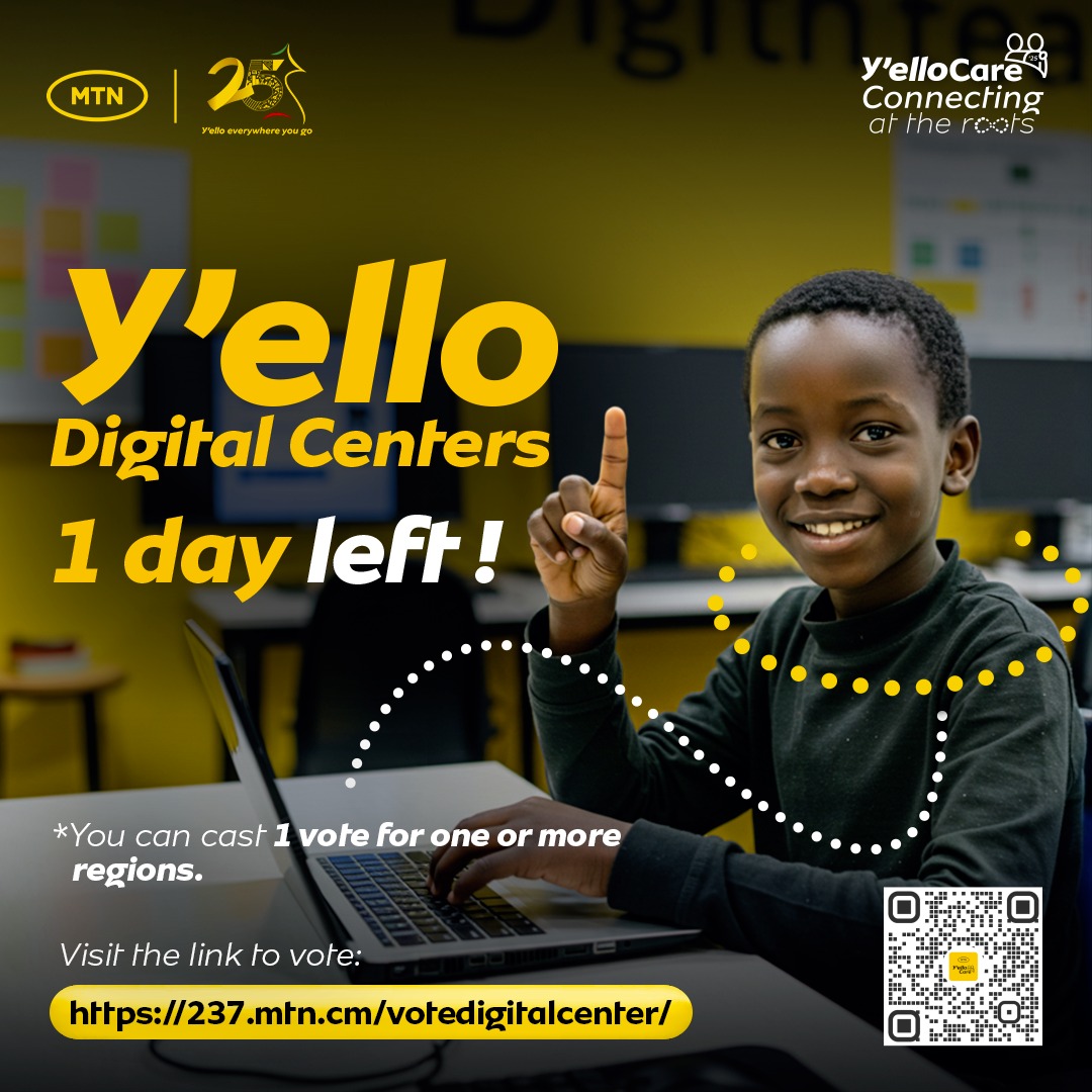 Y’ello Digital Centers – 1 day left!
You can cast 1 vote for one or more regions: 237.mtn.cm/votedigitalcen…
#21DaysOfYelloCare #YelloCare2025 #ConnectingAtTheRoots #DoingGoodTogether #MTNC25Years