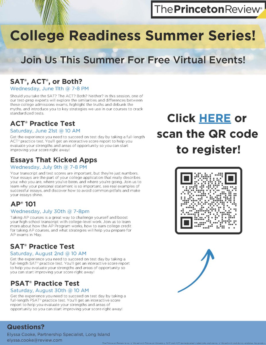 POBJFKHSGuidance (@guidancepob) on Twitter photo Students - Take advantage of this opportunity from Princeton Review. They are offering informational sessions and practice tests to prepare for a SAT or ACT, AP exam, or college essay support over the summer. All events are free and virtual. See the flyer for more information! Students - Take advantage of this opportunity from Princeton Review. They are offering informational sessions and practice tests to prepare for a SAT or ACT, AP exam, or college essay support over the summer. All events are free and virtual. See the flyer for more information!