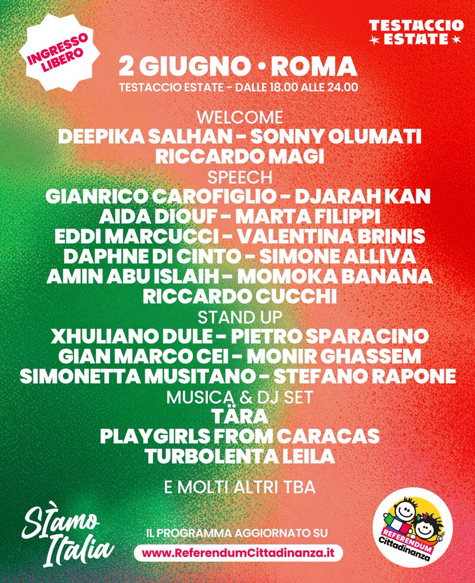 2 GIUGNO: SìAMO ITALIA!

Una festa con musica live, stand up, talk e tante sorprese il 2 Giugno a Roma a Testaccio Estate. 

Sarà il nostro modo di celebrare la Festa della Repubblica con chi sta dando braccia, gambe voce al #ReferendumCittadinanza

Vi aspettiamo!