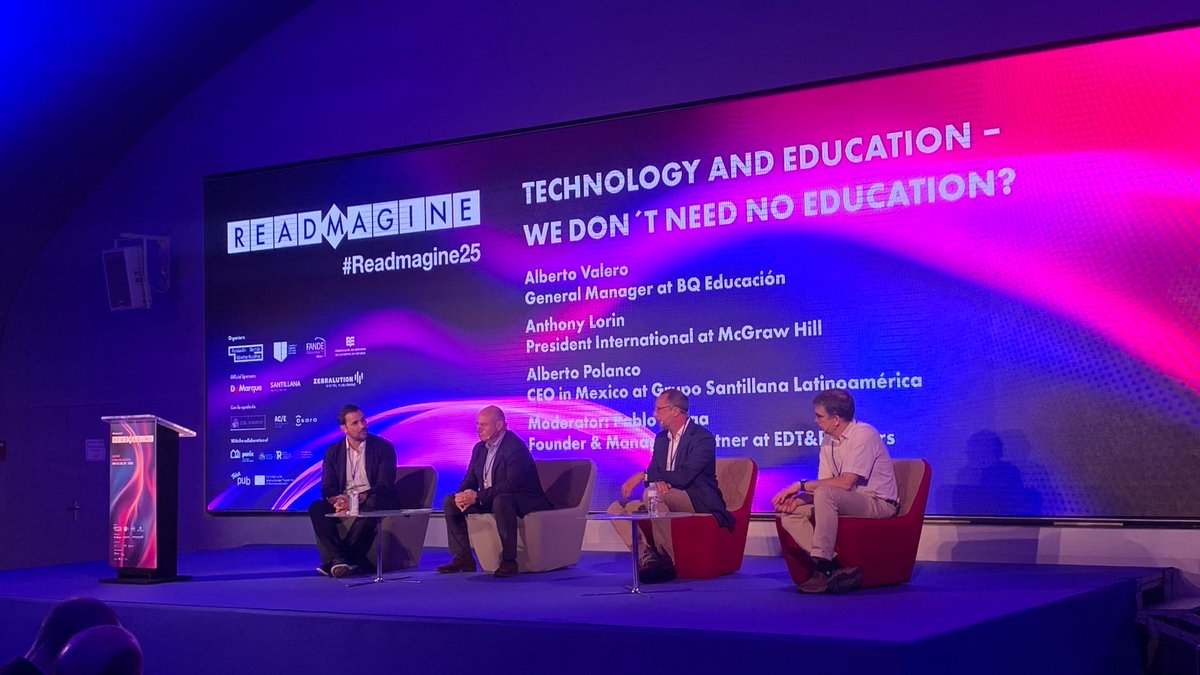 🏫 We don’t need no education?

 A provocative session on how tech is transforming learning — and where publishing fits in with Alberto Valero, Anthony Lorin and Alberto Polanco, moderated by Pablo Langa.

 #Readmagine25