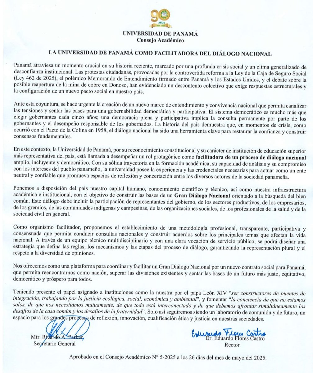 Adjunto el comunicado del Consejo Académico de la Universidad de Panamá, en el cual la institución se ofrece como facilitadora de un gran diálogo nacional. Nuestro firme propósito es contribuir a la construcción de consensos amplios y sostenibles para el bienestar del país