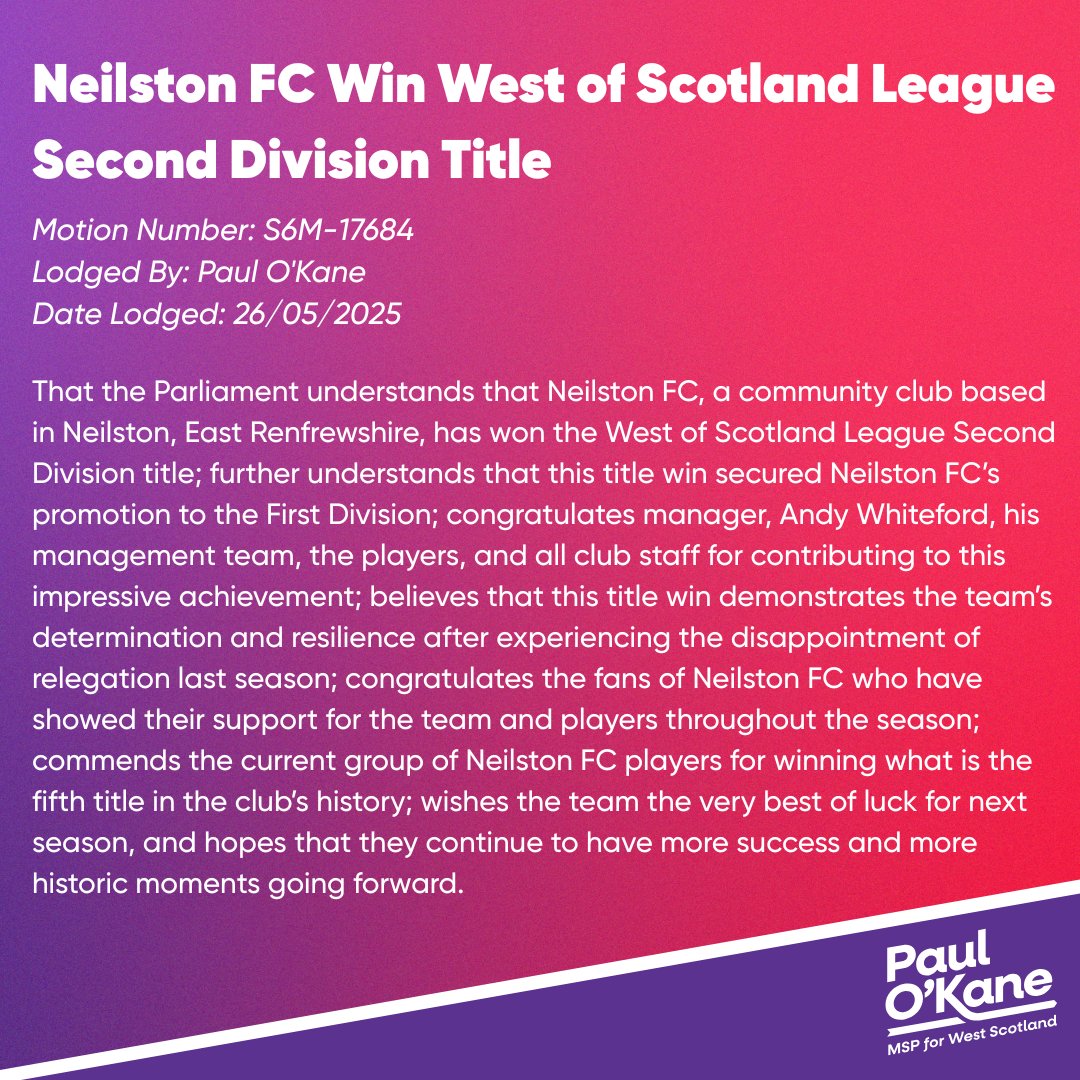 Paul OβKane MSP πΊπ¦ (@pfokane) on Twitter photo From the disappointment of relegation, to the triumph of winning a title and securing promotion, it has been quite a year for <a href="/NeilstonFC/">Neilston F.C. π΅πͺ</a>
As a Farmer's Boy, I'm delighted to lodge a motion recognising their brilliant achievementsΒ thisΒ season
ππ From the disappointment of relegation, to the triumph of winning a title and securing promotion, it has been quite a year for <a href="/NeilstonFC/">Neilston F.C. π΅πͺ</a>
As a Farmer's Boy, I'm delighted to lodge a motion recognising their brilliant achievementsΒ thisΒ season
ππ