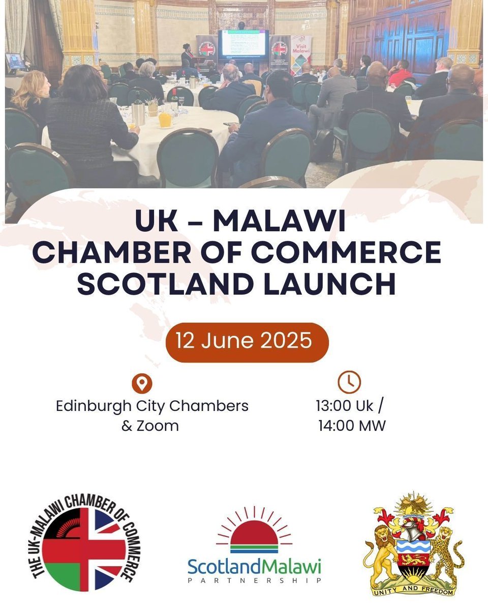 Big news! The UK-Malawi Chamber of Commerce launches in Scotland this June!

🗓️ 12 June
📍 Edinburgh City Chambers
⏰ 1–5PM BST

A new era for trade, investment &amp; collaboration begins.

🔗 Details &amp; RSVP: shorturl.at/CgG69
#UKMalawiTrade #ChamberLaunch #ScotlandMalawi