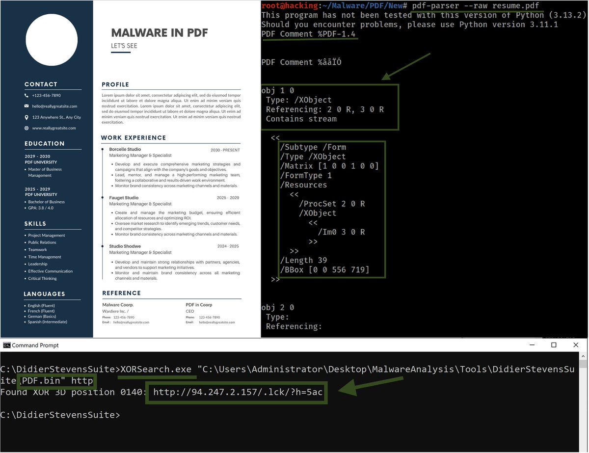 🔍 PDFs Aren’t Safe Anymore: Here’s Why 🔍
The malicious PDF “resume.pdf” is a masterclass in cyberattack sophistication:

▪️ 20+ embedded objects hiding obfuscated JavaScript.
▪️ C&amp;C server masked via Unicode encoding.
▪️ Targets HR/finance teams through resume-like files.

Take