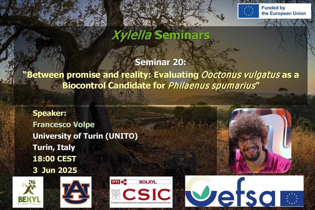 IAS-CSIC (@ias_csic) on Twitter photo 📢 new Xylella Seminars organised by <a href="/BexylP/">Bexyl Project</a> <a href="/EFSA_EU/">EFSA</a> & <a href="/AuburnU/">Auburn University</a>
👉Seminar: Between promise and reality: Evaluating Ooctonus vulgatus as a Biocontrol Candidate for Philaenus spumarius
🗣️Francesco Volpe, University of Turin (UNITO), Italy
📆 3 Jun
📹Soluciones a Xylella fastidiosa 📢 new Xylella Seminars organised by <a href="/BexylP/">Bexyl Project</a> <a href="/EFSA_EU/">EFSA</a> & <a href="/AuburnU/">Auburn University</a>
👉Seminar: Between promise and reality: Evaluating Ooctonus vulgatus as a Biocontrol Candidate for Philaenus spumarius
🗣️Francesco Volpe, University of Turin (UNITO), Italy
📆 3 Jun
📹Soluciones a Xylella fastidiosa