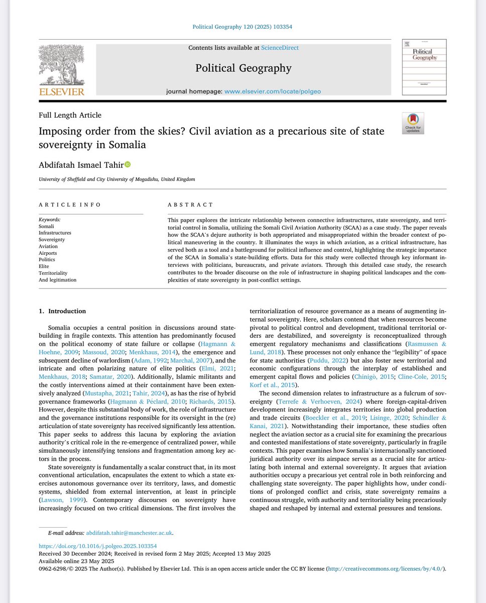 My latest work is out in Political Geography. Deep thanks to the research participants for their rich insights and to the reviewers for their constructive feedback.

Imposing order from the skies? Civil aviation as a precarious site of ... sciencedirect.com/science/articl…