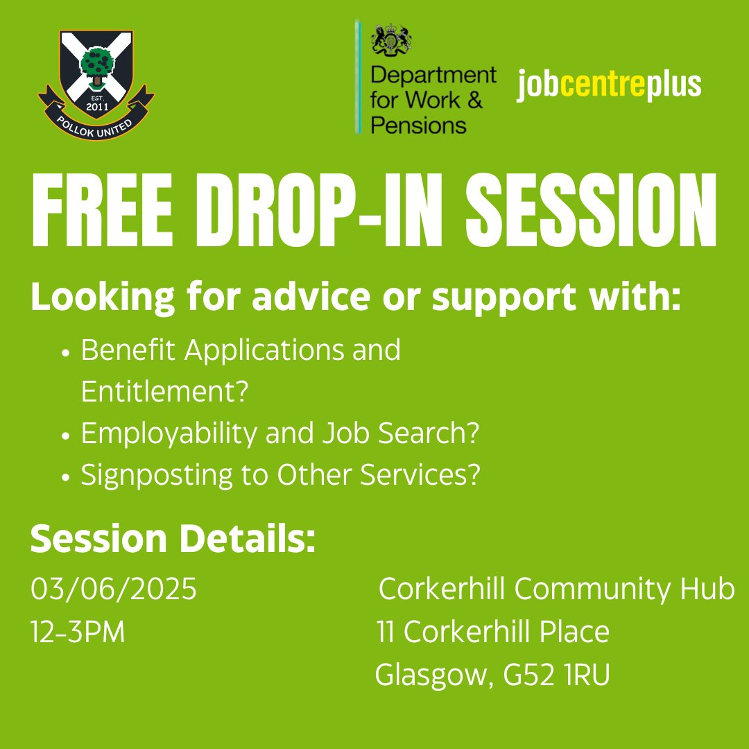 PollokUtdS_A's tweet image. 📢 Need help with benefits or job searching?
Join our FREE drop-in session on 03/06/25, 12–3PM at Corkerhill Community Hub, Glasgow.
No appointment needed—just drop by!
#JobSupport #DWP #GlasgowCommunity #PollokUnited