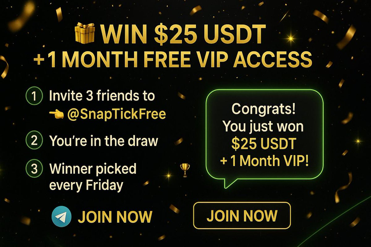 snaptick_nyse's tweet photo. 🎁 WEEKLY GIVEAWAY IS LIVE! 🎁
Every Friday, one lucky trader wins:
💸 $25 USDT
🔥 1 Month FREE VIP Access

It’s real. It’s easy. It’s YOUR turn.

Here’s how to enter:
1️⃣ Invite 3 friends to our FREE channel 👉 @SnapTickVIPBot
2️⃣ Done — you’re in the draw
3️⃣ We pick a winner every Friday 🏆

💬 You’ll get a DM:
“Congrats! You just won $25 USDT + 1 Month VIP!”
🎯 No fluff. Just rewards.

Let’s make this week your payday. 🤑

#Giveaway #SnapTick #FreeUSDT #OptionsAlerts #TradingRewards
