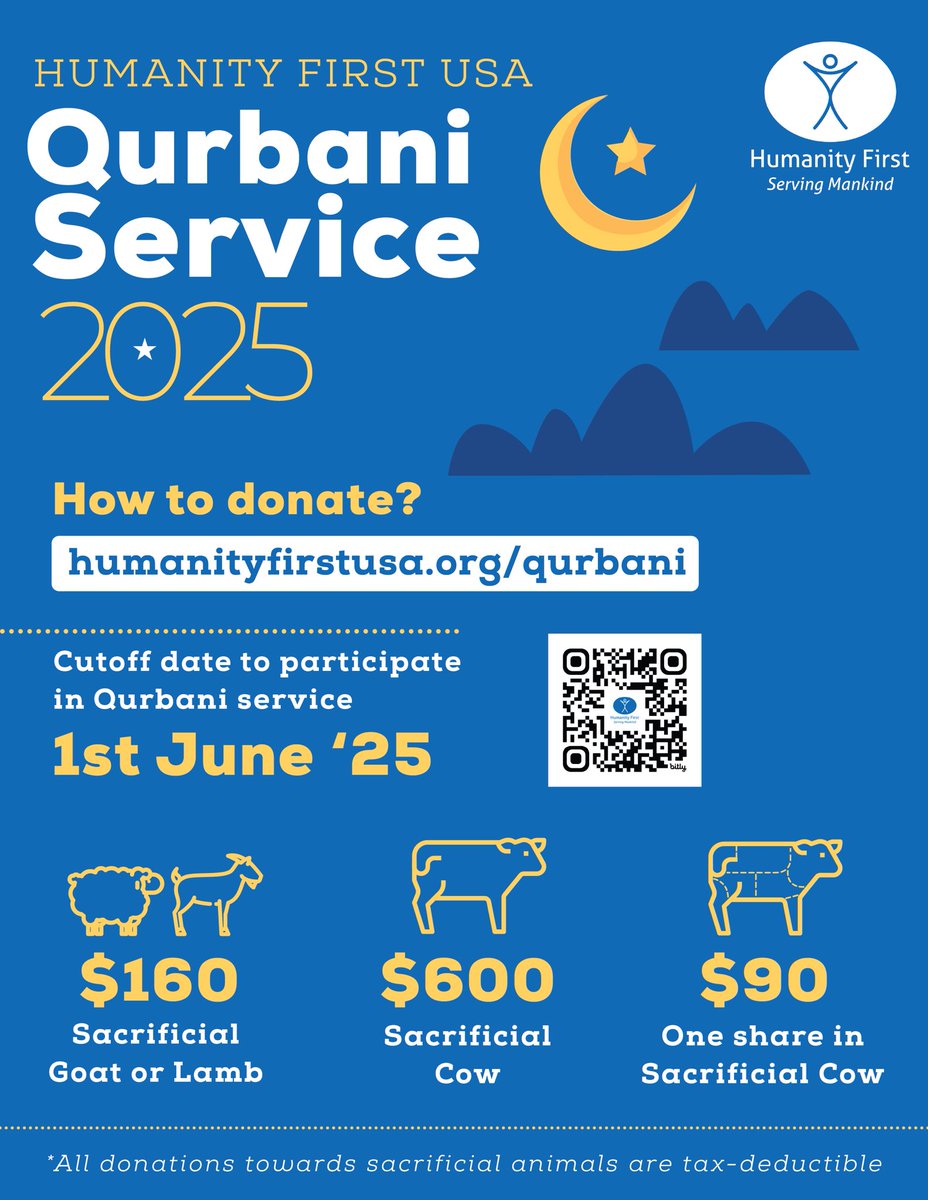 Have you made your #Qurbani yet?

🌙 Fulfill Your Qurbani with Purpose! 🐄🐐

This Eid, extend your sacrifice to those in need. Through Humanity First USA, your Qurbani reaches vulnerable families around the world with fresh meat, dignity, and care. 💛

🕌 Give with trust. Give