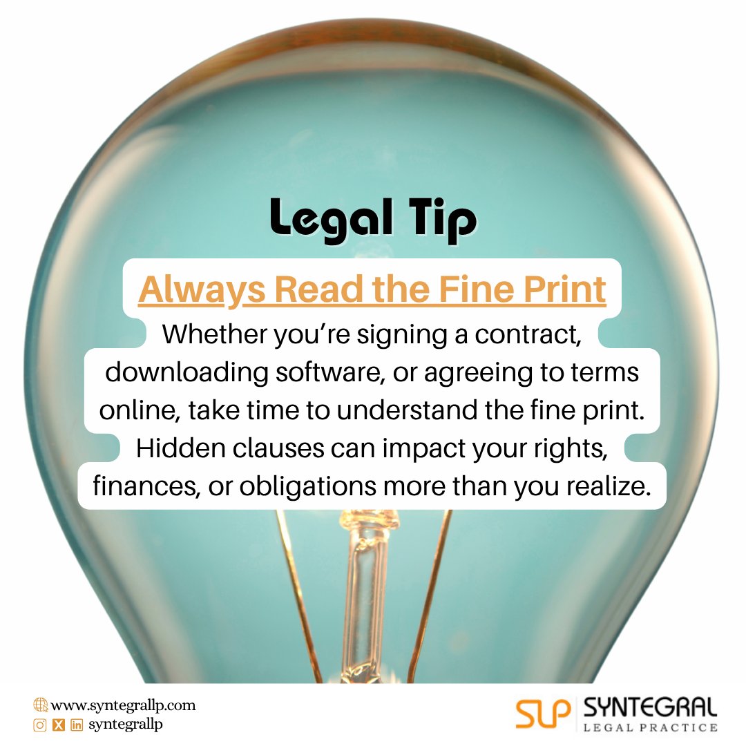 Syntegral_LP's tweet photo. Hidden clauses may affect your rights, finances, and obligations. Donโt skip them. Protect yourself by understanding what youโre signing.
#LegalTip #KnowYourRights #ContractLaw #FinePrintMatters #LegalAdvice #SyntegralLP #BusinessLaw #StayInformed https://t.co/YnomlKrzjj