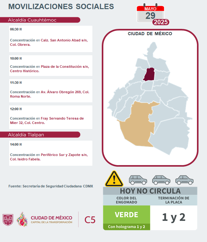 ⚠🗓 #ENTÉRATE | Para hoy, 29 de mayo 2025, estas son las movilizaciones sociales previstas en la Ciudad de México. 

#C5ConConfianza #MovilidadCDMX #C5OjosDeLaCDMX 👀 #C5CorazónDeLaCDMX