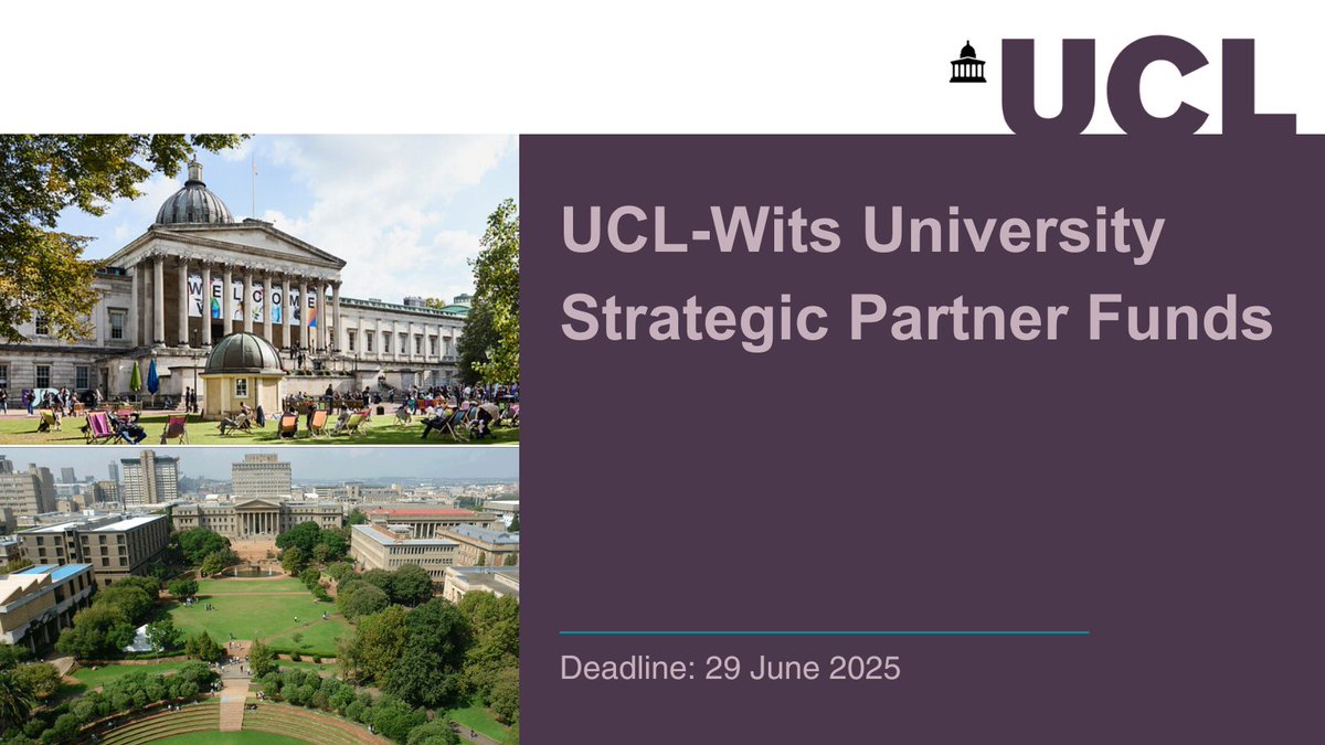 UCL Global Engagement (@ucl_global) on Twitter photo 🔉@UCL staff
The @UCL – <a href="/WitsUniversity/">Wits University</a> Strategic Partner Funds 2025–26 are now open.
Proposals relating to the following fields are particularly encouraged:
• Health
• Climate change
• Artificial Intelligence
Deadline 🗓 29 June 2025
🔗bit.ly/43B2Cdo 🔉@UCL staff
The @UCL – <a href="/WitsUniversity/">Wits University</a> Strategic Partner Funds 2025–26 are now open.
Proposals relating to the following fields are particularly encouraged:
• Health
• Climate change
• Artificial Intelligence
Deadline 🗓 29 June 2025
🔗bit.ly/43B2Cdo