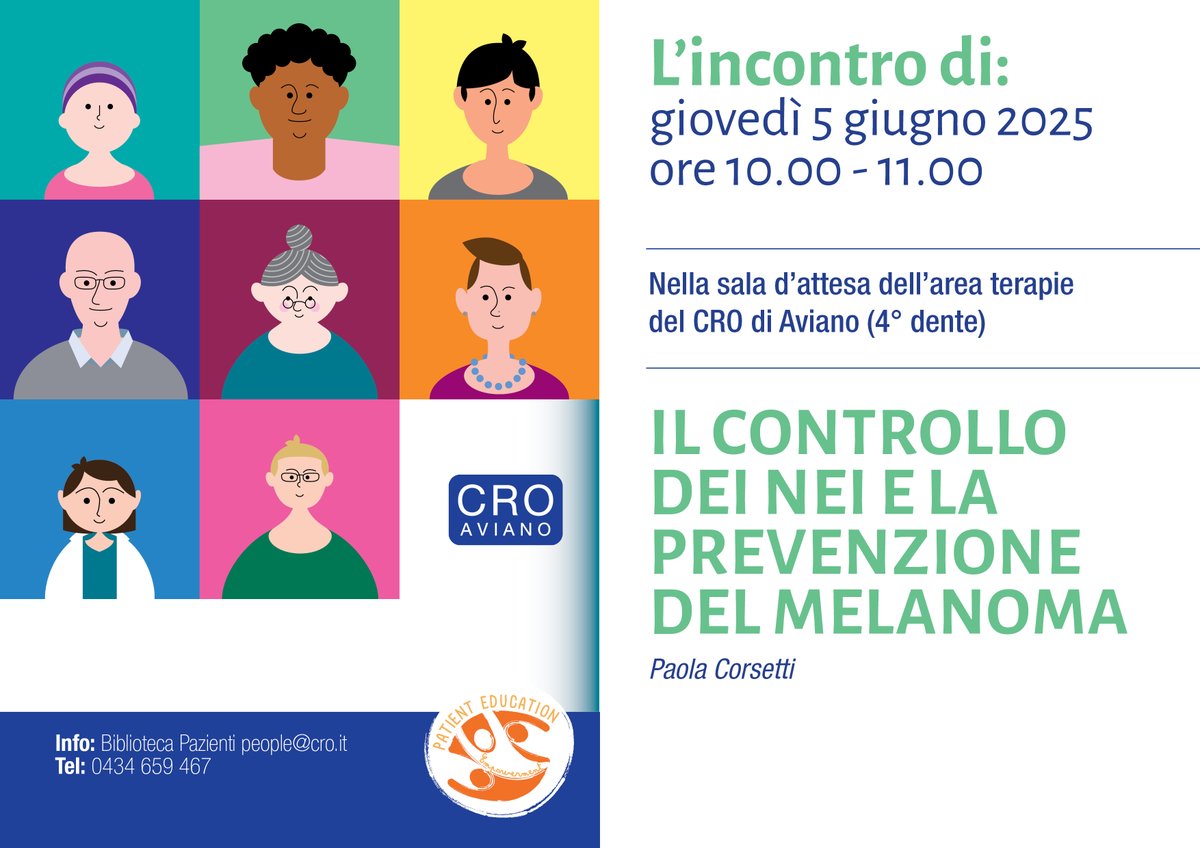 Centro di Riferimento Oncologico (@croaviano) on Twitter photo 📌Giovedì 5 giugno, alle 10, è in programma l’incontro a tema dedicato a 'Il controllo dei nei e la prevenzione del melanoma' con la dottoressa Paola Corsetti dell'Oncodermatologia del CRO.
👉 Per informazioni, contatta la Biblioteca per i pazienti (0434 659467, people@cro.it) 📌Giovedì 5 giugno, alle 10, è in programma l’incontro a tema dedicato a 'Il controllo dei nei e la prevenzione del melanoma' con la dottoressa Paola Corsetti dell'Oncodermatologia del CRO.
👉 Per informazioni, contatta la Biblioteca per i pazienti (0434 659467, people@cro.it)