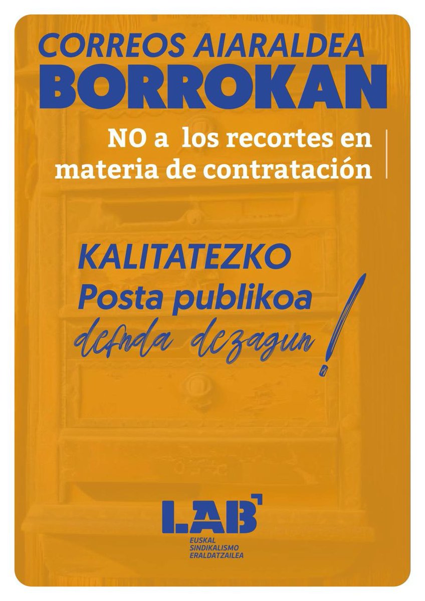 📢 #CORREOS AIARALDEA BORROKAN!
💢 Kontratazioan murrizketarik ez!
🚨 Kalitatezko posta publikoa defenda dezagun!
#HemenErabaki #publikoetaindartsu
⬇️⬇️
labpostacorreos.blogspot.com/2025/05/correo…