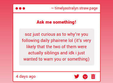 ahh i appreciate the warning!! I follow back all gimmick accounts that follow me, even if I don't ship what the gimmick is about. I don't ship (possible) incest though!!! Please don't get the wrong idea.