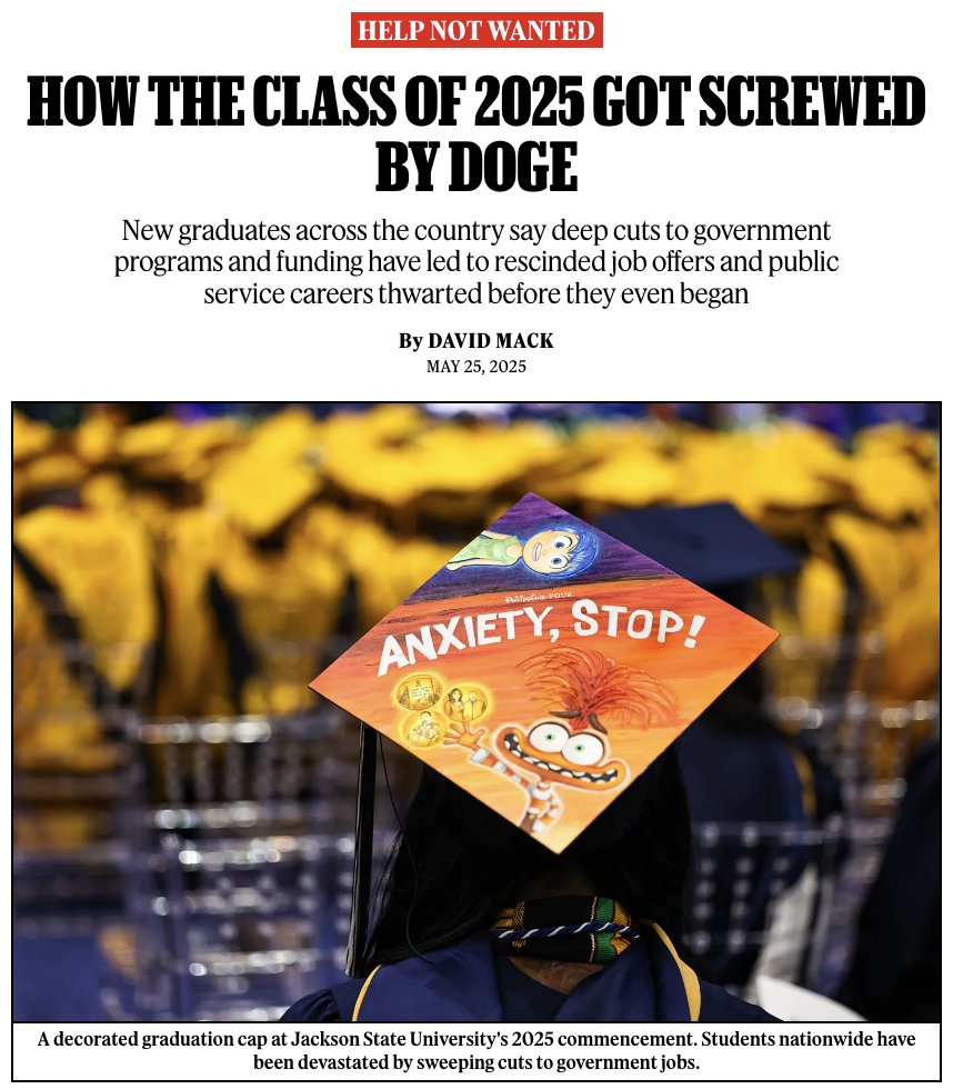 New grads from across the country reveal how DOGE cuts have led to rescinded job offers, confusion, and dashed hopes for careers in public service.

Story: rollingstone.com/politics/polit…
