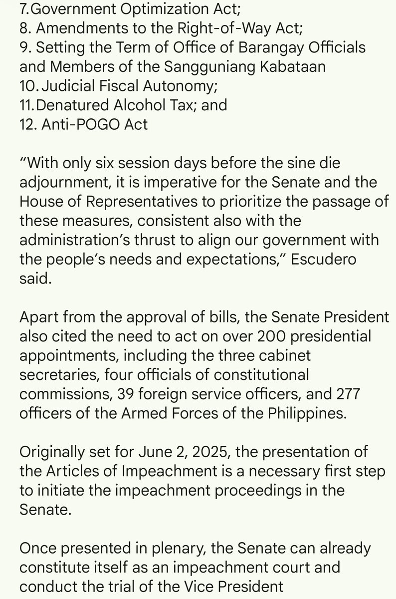 SP Chiz  Escudero said the presentation of the Articles of Impeachment against VP Sara Duterte will be on June 11, 2025 to allow the Senate to tackle priority legislative measures before the 19th Congress adjourns <a href="/dwiz882/">DWIZ Newscenter</a>