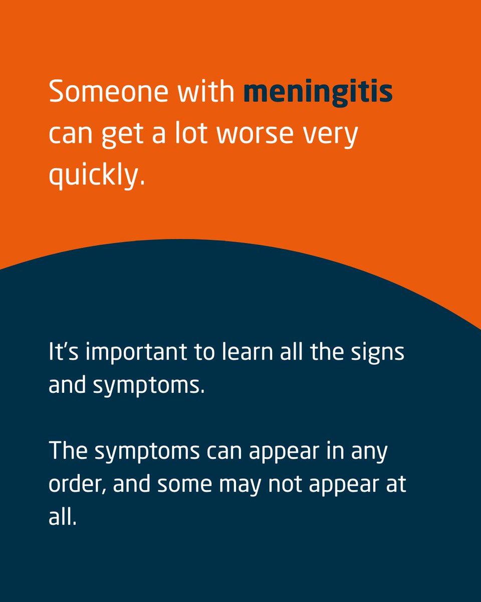 We are back with our meningitis A-Z 🧡 

The common symptoms are easily mistaken for a cold or bad hangover, but make sure you know what to look out for and what to do in case things get worse.

Get to know the signs and symptoms here:🔗 meningitisnow.org/meningitis-exp…