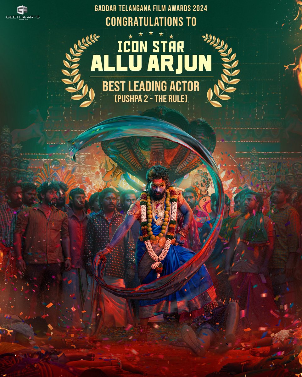 Geetha Arts (@geethaarts) on Twitter photo Huge congratulations to our dearest Icon Star <a href="/alluarjun/">Allu Arjun</a> garu on winning Best Leading Actor at the prestigious Gaddar Telangana Film Awards 2024! ❤️🔥
An unforgettable performance, a well-deserved honor. The ICON lives up to his name once again. 🔥🔥
#Pushpa2TheRule #Pushpa Huge congratulations to our dearest Icon Star <a href="/alluarjun/">Allu Arjun</a> garu on winning Best Leading Actor at the prestigious Gaddar Telangana Film Awards 2024! ❤️🔥
An unforgettable performance, a well-deserved honor. The ICON lives up to his name once again. 🔥🔥
#Pushpa2TheRule #Pushpa