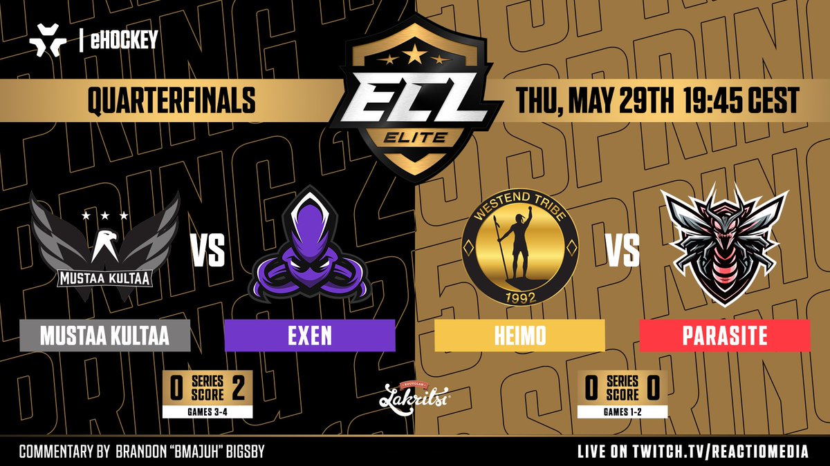 SportsGamer (@sportsgamergg) on Twitter photo 🔥 Two huge matchups in the #ECL25Spring Elite- Quarterfinals TONIGHT, including potential elimination!
📺 Watch LIVE: twitch.tv/ReactioMedia
⏰ 19:45 CEST | Thu, May 29th
🦅 <a href="/MustaaKultaaNHL/">Mustaa Kultaa</a> vs <a href="/ExenEsports/">EXEN</a> 🐙
🟡 <a href="/HeimoEsports/">Heimo Esports</a> vs <a href="/ParasiteNHL/">Parasite</a> 🐝
🎙️ <a href="/bMaJuH/">MaJuH 🎥</a>
#eHockey | 🔥 Two huge matchups in the #ECL25Spring Elite- Quarterfinals TONIGHT, including potential elimination!
📺 Watch LIVE: twitch.tv/ReactioMedia
⏰ 19:45 CEST | Thu, May 29th
🦅 <a href="/MustaaKultaaNHL/">Mustaa Kultaa</a> vs <a href="/ExenEsports/">EXEN</a> 🐙
🟡 <a href="/HeimoEsports/">Heimo Esports</a> vs <a href="/ParasiteNHL/">Parasite</a> 🐝
🎙️ <a href="/bMaJuH/">MaJuH 🎥</a>
#eHockey |