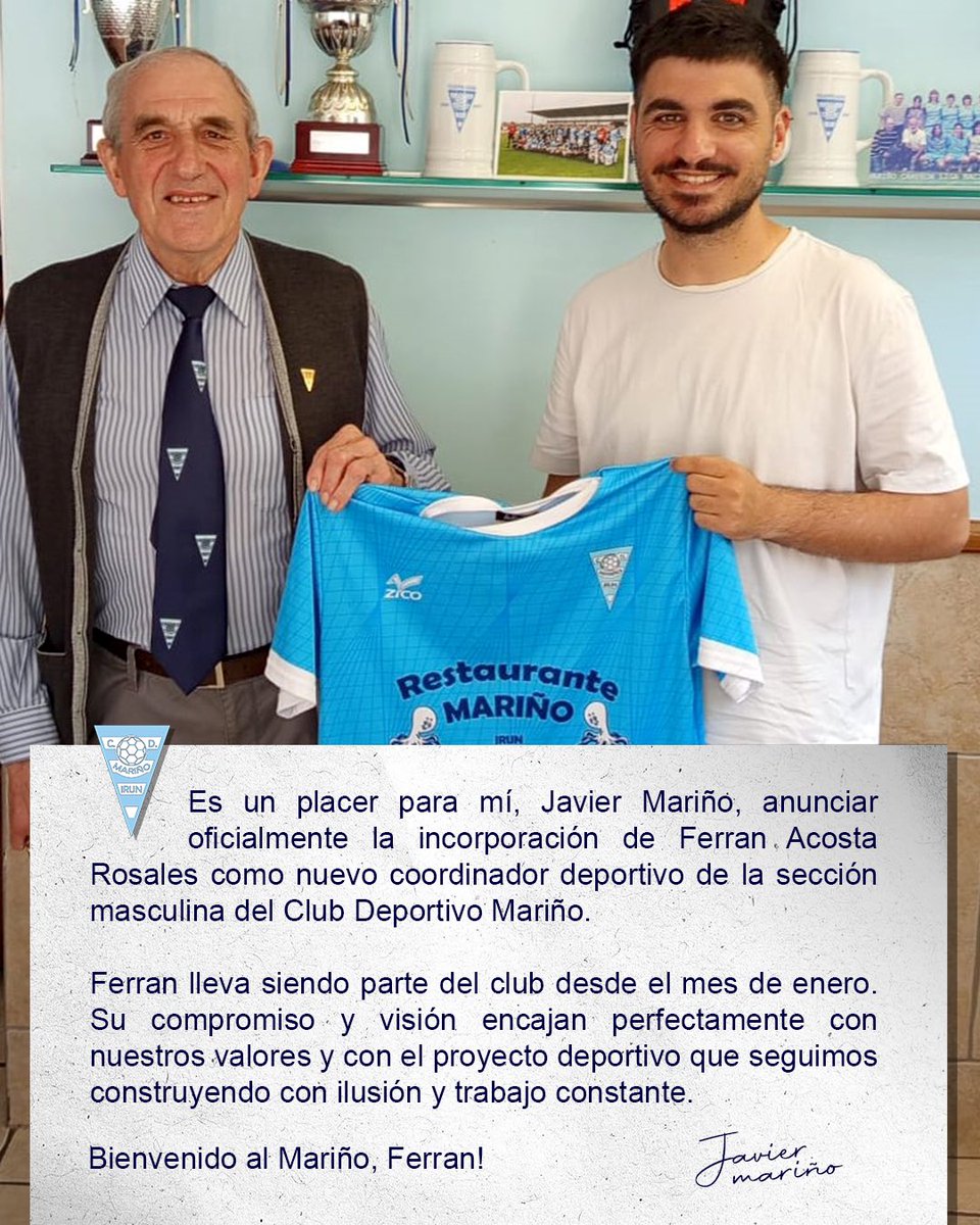 CDMarinoKE's tweet photo. 🩵 Bienvenido, Ferran!

Javier Mariño ha presentado esta mañana al nuevo coordinador deportivo de la sección masculina. Un placer tenerte con nosotros, Ferran! ✨⚽️💪 https://t.co/miwXk4xqaw