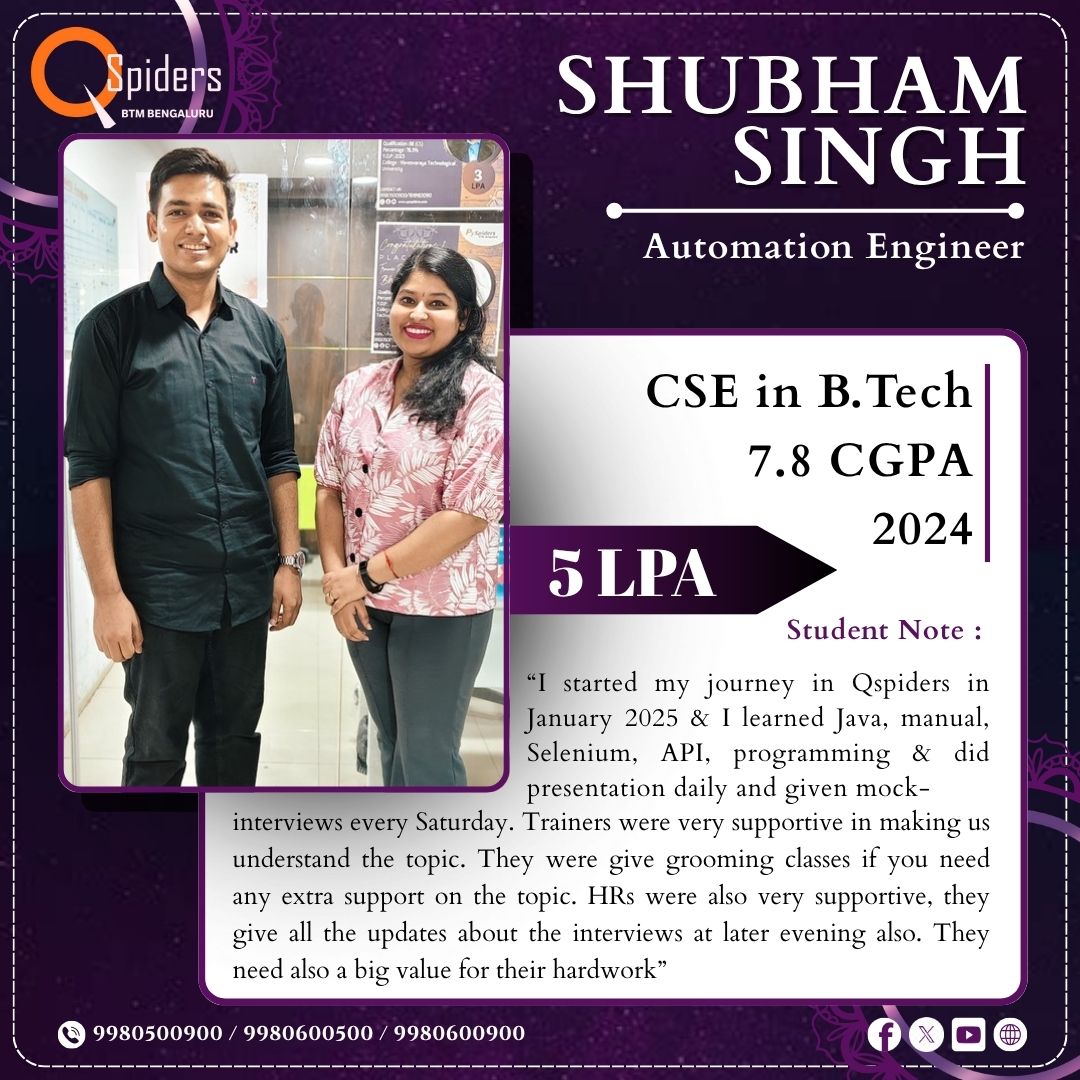 QSpiders_BTM_'s tweet photo. Congratulations to Shubham Singh on landing a 5 LPA package as an Automation Engineer! 🎉
Your hard work, dedication, and the support from QSpiders BTM have truly paid off.
Wishing you great success in your new journey ahead! 🚀
#QSpidersBTM #AutomationEngineer #PlacementSuccess https://t.co/18cVRLLyhh