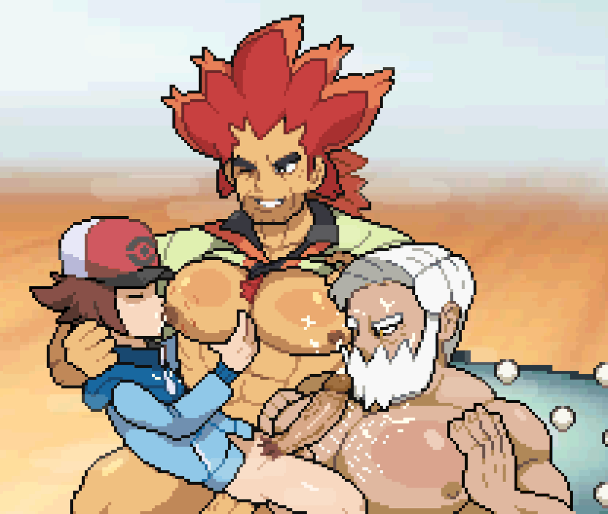 Hilbert defeated Trainers Drayden &amp; Alder!
Hilbert takes his prize!
#bara #gay #pixelart