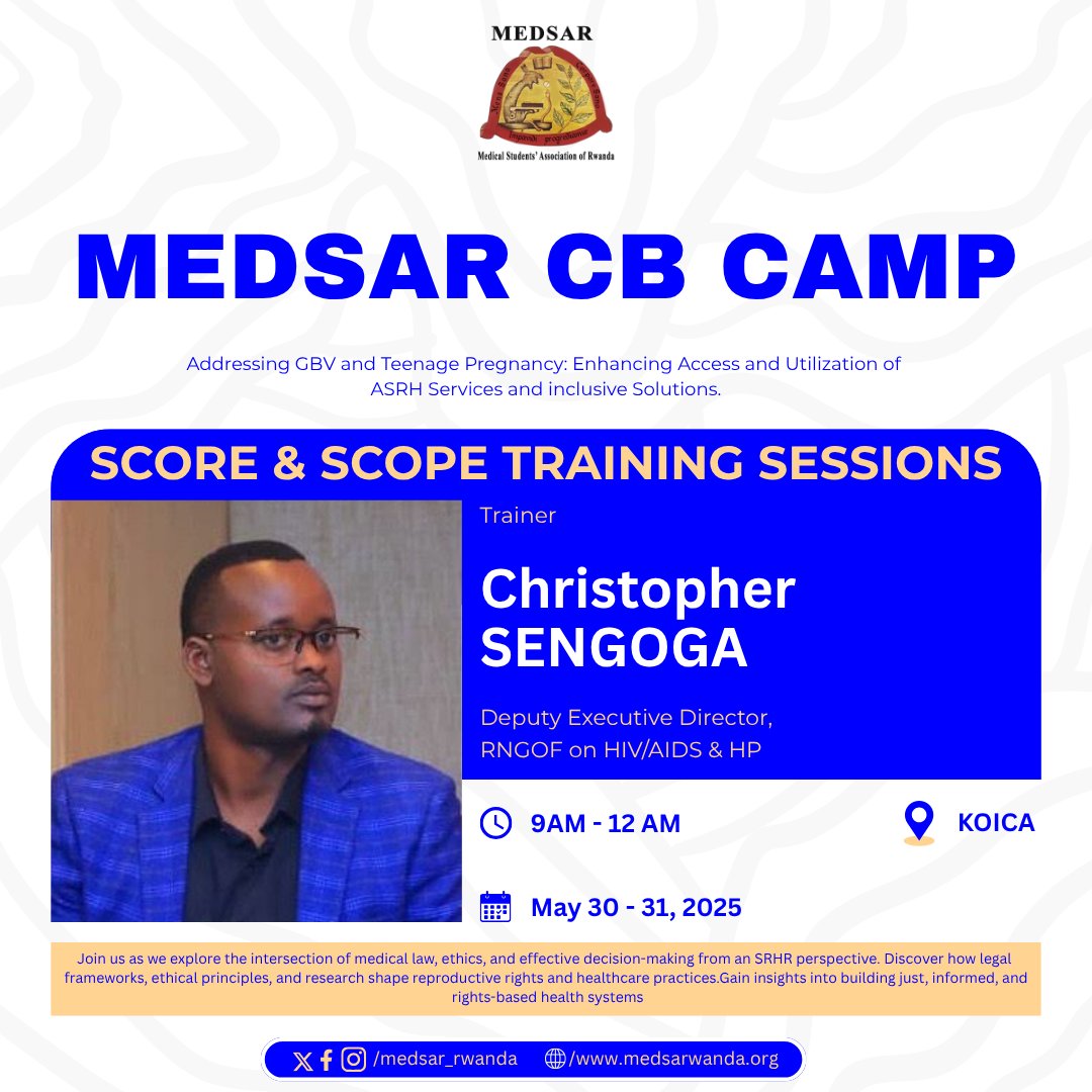 SCORE_RWANDA's tweet photo. Join SCORE &amp; SCOPE Sessions during the MEDSAR CB Camp!
We are happy to share with you the esteemed trainer for the SCORE and SCOPE sessions during MEDSAR Day 2025:
Mr. Christopher Sengonga, Deputy Executive of the Rwanda NGOs Forum. https://t.co/vP5MuTGcr2