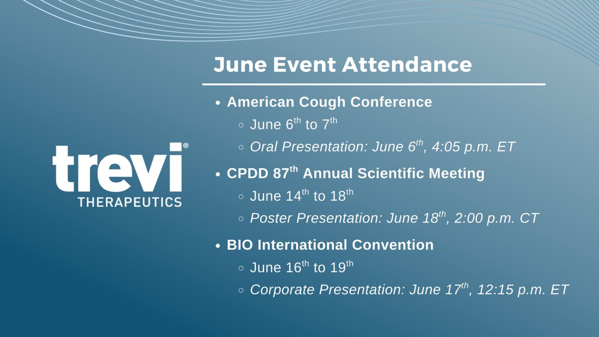 Starting summer off strong!  

This June Trevi is headed to the American Cough Conference, CPDD 87th Annual Scientific Meeting and BIO International Convention.  

Read more: ow.ly/2gHj50W0JWy

#ChronicCough